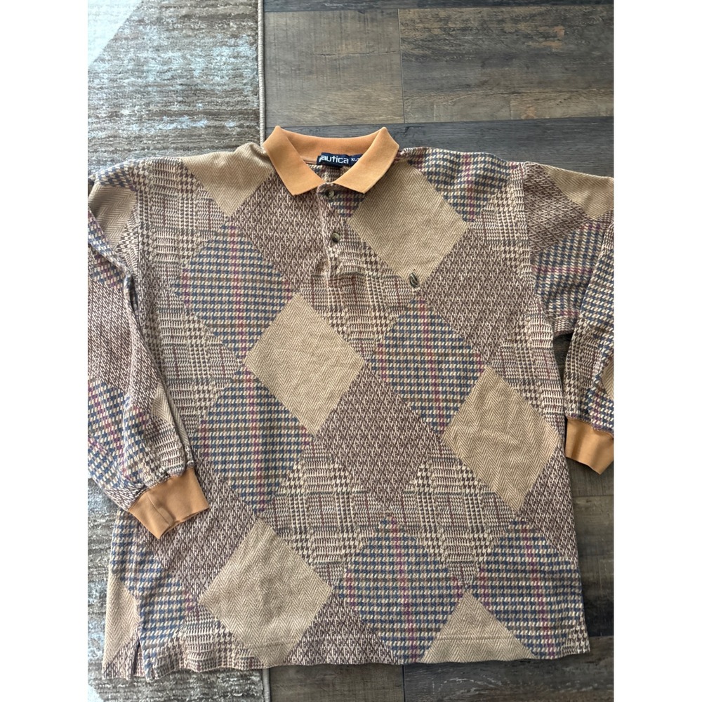 Nautica Mens XL Long Sleeve Polo Shirt Brown Tan Argyle Houndstooth Cotton